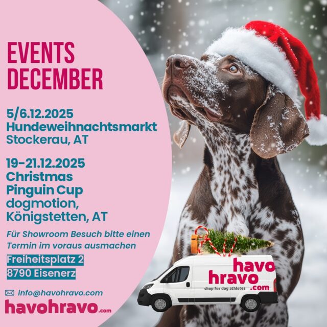 Here is your chance to get your Shopping all done all in 1 place in December👇🏻
Come & try the latest products, get a dog coat, harness, enrichment toy, etc. 
Make sure to message us in advance if you want us to bring something specific, we don‘t have all product with us at the events📧
⚠️Showroom will be open only on individual basis, book your visit for individual consult per email info@havohravo.com
𝗙𝗿𝗲𝗶𝗵𝗲𝗶𝘁𝘀𝗽𝗹𝗮𝘁𝘇 𝟮, 𝟴𝟳𝟵𝟬 𝗘𝗶𝘀𝗲𝗻𝗲𝗿𝘇
.
.
.
#havohravo #shopfordogathletes #doggear #sporthund #hundezubehör
