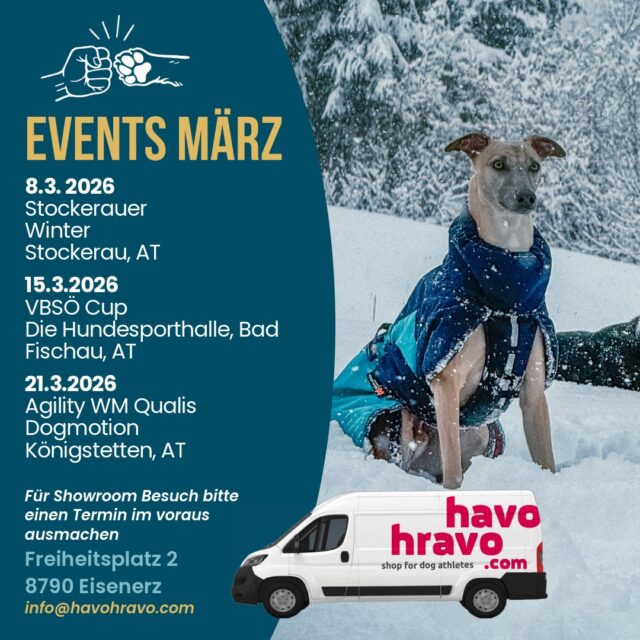 Du kannst uns in März bei den folgenden Veranstaltungen persönlich treffen⬇️
Du kannst kommen und die neueste Produkte anprobieren, neuen Mantel,Geschirre, Enrichment Spielzeug kaufen, etc. Besuch ist kostenlos, brauchst keine Eintrittskarten. 
⚠️Bitte, schreib uns im voraus an, wenn du etwas Bestimmtes möchtest, wir haben nicht bei jedem Event das ganze Sortiment mit und wir nehme es dir gerne mit!
⚠️Unser Showroom ist offen für individuelle Beratung auf der folgenden Adresse:
𝗙𝗿𝗲𝗶𝗵𝗲𝗶𝘁𝘀𝗽𝗹𝗮𝘁𝘇 𝟮, 𝟴𝟳𝟵𝟬 𝗘𝗶𝘀𝗲𝗻𝗲𝗿𝘇
Bitte, Termin min 1 Tag im voraus buchen unter info@havohravo.com📧