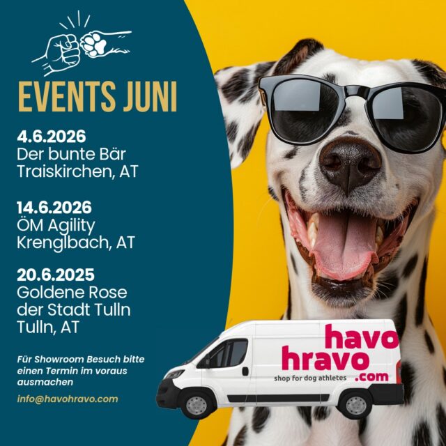 Du kannst uns in Juni bei den folgenden Veranstaltungen persönlich treffen⬇️
Du kannst kommen und die neueste Produkte anprobieren, neuen Schwimmweste, Geschirre, Enrichment Spielzeug kaufen, etc. Besuch ist kostenlos, brauchst keine Eintrittskarten. 
⚠️Bitte, schreib uns im voraus an, wenn du etwas Bestimmtes möchtest, wir haben nicht bei jedem Event das ganze Sortiment mit und wir nehme es dir gerne mit!
⚠️Unser Showroom ist offen für individuelle Beratung auf der folgenden Adresse:
𝗙𝗿𝗲𝗶𝗵𝗲𝗶𝘁𝘀𝗽𝗹𝗮𝘁𝘇 𝟮, 𝟴𝟳𝟵𝟬 𝗘𝗶𝘀𝗲𝗻𝗲𝗿𝘇
Bitte, Termin min 1 Tag im voraus buchen unter info@havohravo.com📧